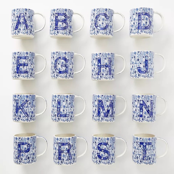 Anthropologie “O” Folksong Blue White Monogram Tea/ Coffee Mug, NEW - Picture 1 of 12